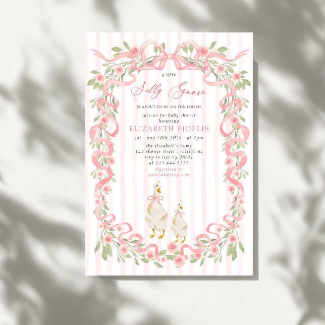  Silly Goose  Pink Bow Floral Roses Baby Shower Invitation (Creator Uploaded)