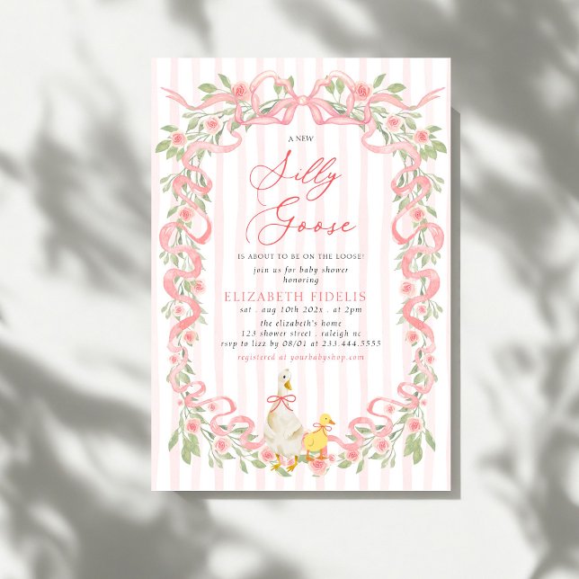  Silly Goose  Pink Bow Floral Roses Baby Shower Invitation (Creator Uploaded)