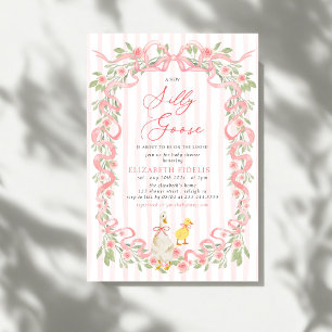 Silly Goose Pink Bow Floral Roses Baby Shower Invitation