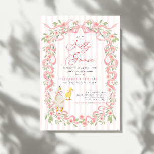 Silly Goose Pink Bow Floral Roses Baby Shower Invitation