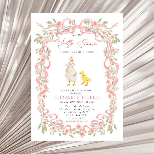  Silly Goose  Pink Bow Floral Roses Baby Shower Invitation (Creator Uploaded)