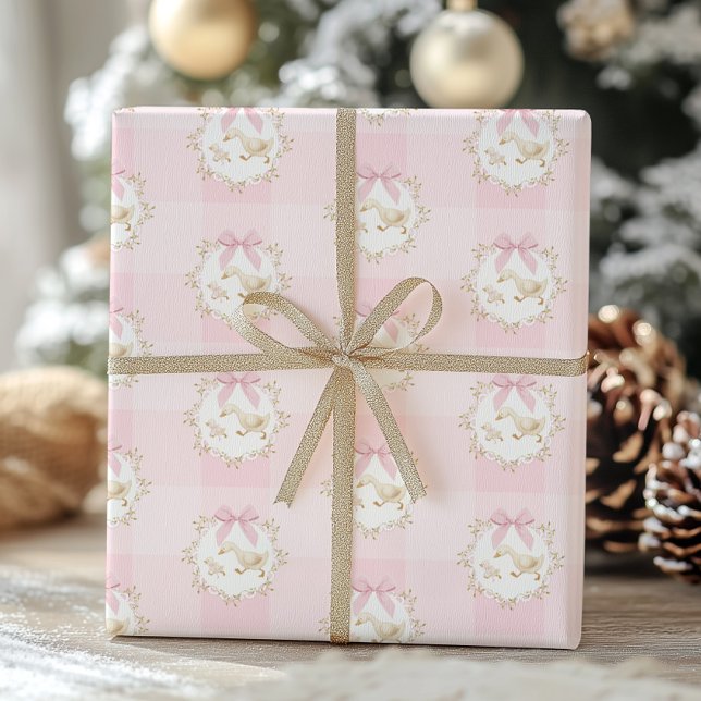 Silly Goose Pink Bow Whimsical Preppy Gingham Wrapping Paper (Creator Uploaded)
