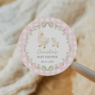 Silly Goose Pink Floral Baby Shower Classic Round Sticker