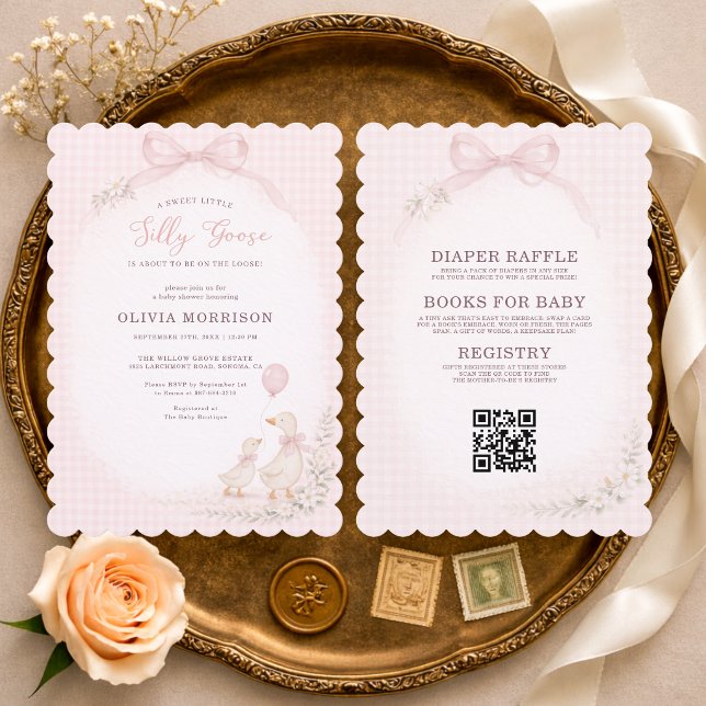 Silly Goose Pink Gingham All in One Baby Shower Invitation (Creator Uploaded)
