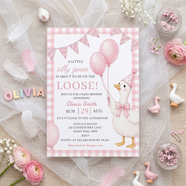 Silly Goose Pink Gingham Baby Shower Invitation (Creator Uploaded)