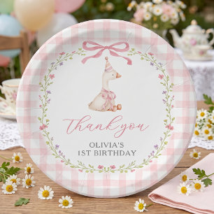 Silly Goose Pink Gingham Birthday Paper Plates