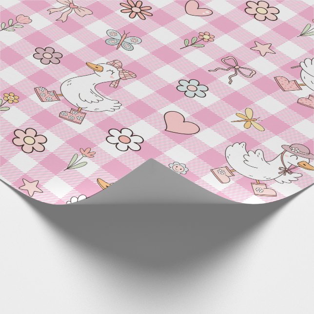 Silly Goose Pink Gingham Birthday Wrapping Paper (Corner)