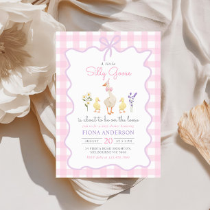 Silly Goose Pink Gingham Bow Duck Baby Shower Invitation
