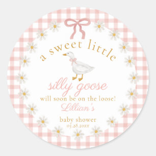 Silly Goose Pink Gingham Cottagecore Baby Shower  Classic Round Sticker