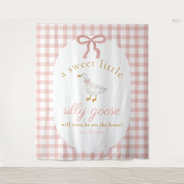Silly Goose Pink Gingham Girl Baby Shower Backdrop Tapestry (Front)