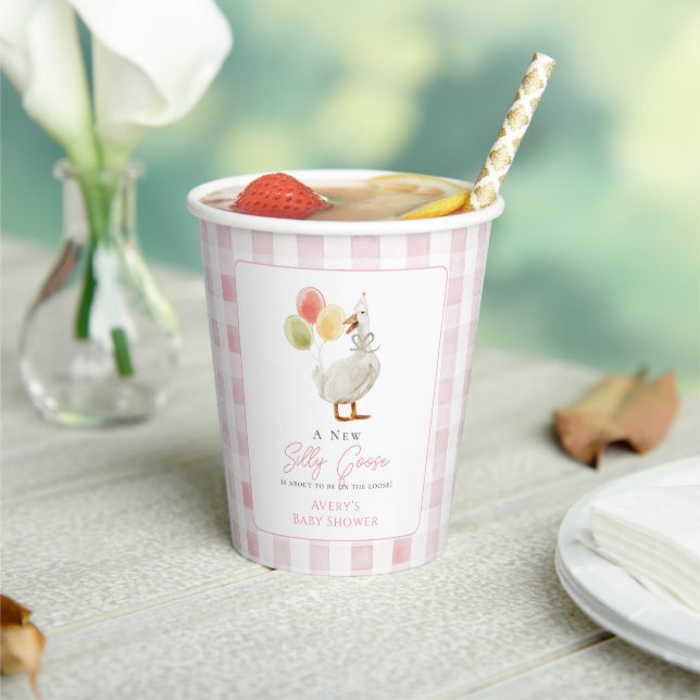 Silly Goose Pink Gingham Girl Baby Shower Paper Cups (Insitu)