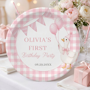 Silly Goose Pink Gingham Girl Birth Paper Plates