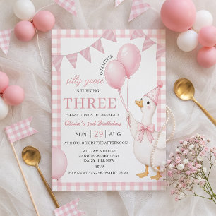 Silly Goose Pink Gingham Girl Birthday Invitation