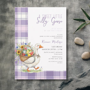 Silly Goose Purple Gingham Flower Baby Shower Invitation