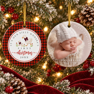 Silly Goose Red Gingham Photo Baby First Christmas Ceramic Ornament
