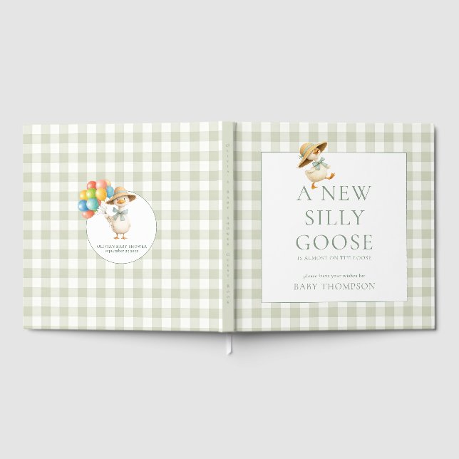 Silly Goose Sage Gingham Baby Shower Guest Book (Full)