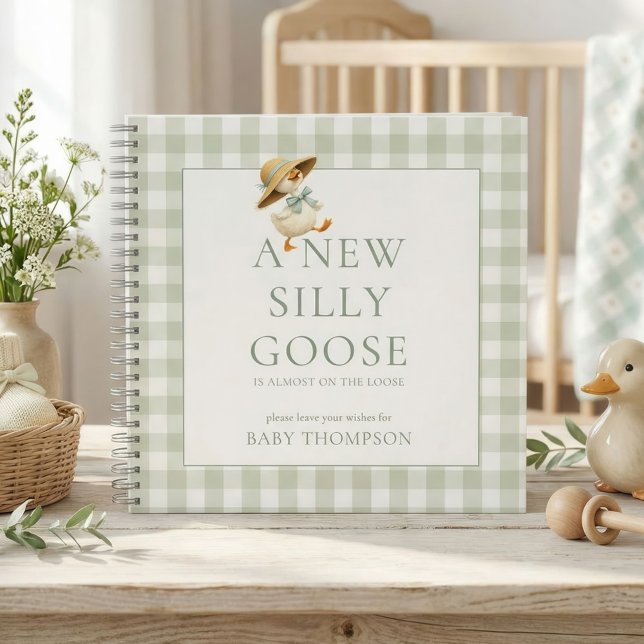 Silly Goose Sage Gingham Baby Shower Guest Book (Creator Uploaded)