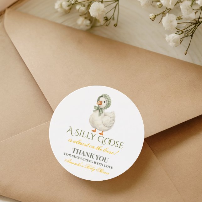 Silly Goose Sage Green Gender Neutral Baby Shower Classic Round Sticker (Creator Uploaded)