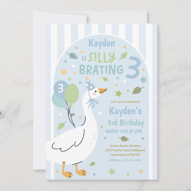 Silly Goose Silly-Brating Three Birthday Party  Invitation (Front)