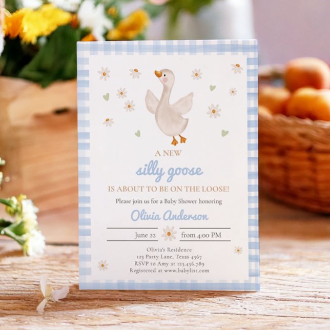 Silly Goose Spring Daisy Gingham Boy Baby Shower Invitation (Creator Uploaded)