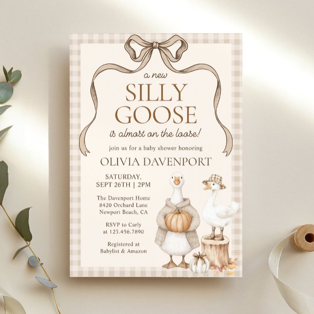 Silly Goose Storybook Fall Gingham Baby Shower Invitation (Creator Uploaded)