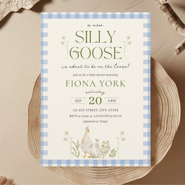 Silly Goose Watercolor Boy Baby Shower Invitation (Silly Goose On the Loose Boy Baby Shower Invitation Blue Gingham Aesthetic Minimalist)