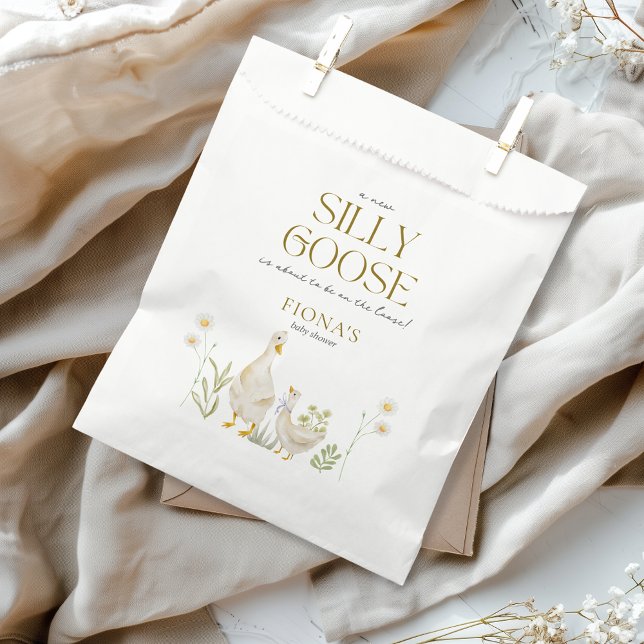 Silly Goose Watercolor Gender Neutral Baby Shower Favour Bag (Silly Goose Baby Shower Theme Favor Bag Cute Custom Aesthetic Watercolor Beige Gingham)