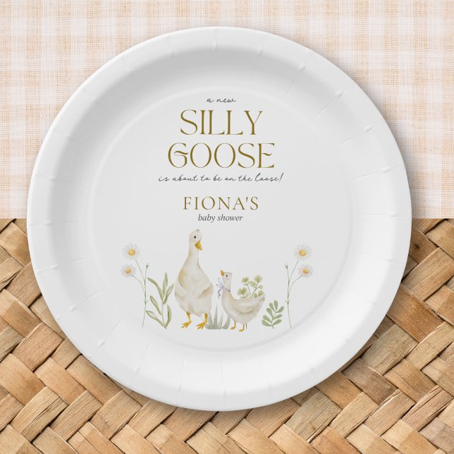 Silly Goose Watercolor Gender Neutral Baby Shower Paper Plate (Silly Goose Baby Shower Theme Custom Paper Plates with Greenery Daisy Beige Gender Neutral Minimal)