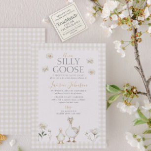 Silly Goose Whimsical Beige Gingham Baby Shower Invitation