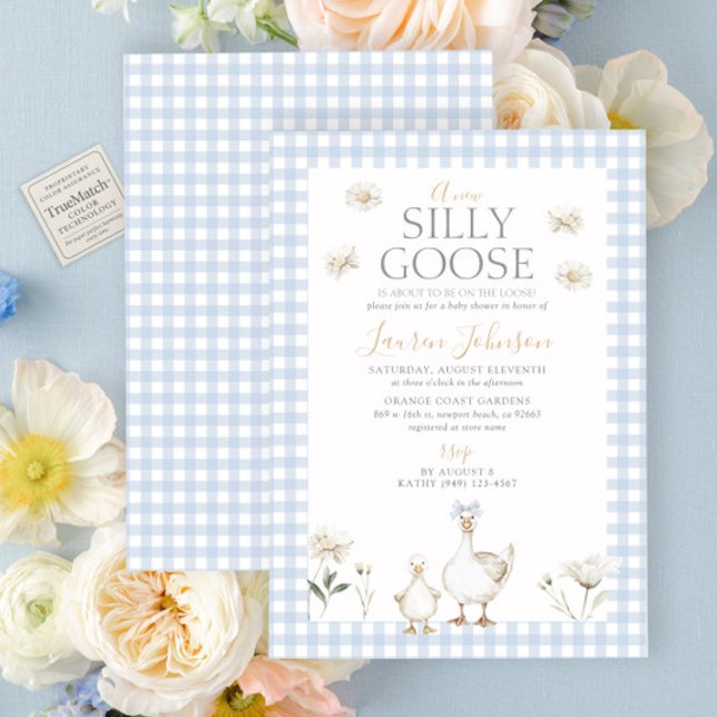 Silly Goose Whimsical Blue Gingham Baby Shower Invitation (Creator Uploaded)