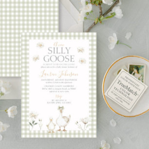 Silly Goose Whimsical Green Gingham Baby Shower Invitation