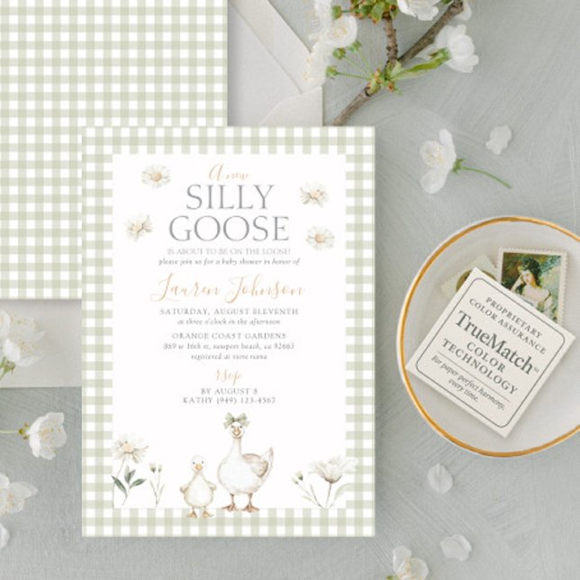 Silly Goose Whimsical Green Gingham Baby Shower Invitation (Creator Uploaded)