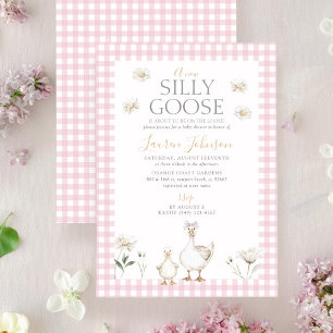 Silly Goose Whimsical Pink Bow Baby Girl Shower Invitation
