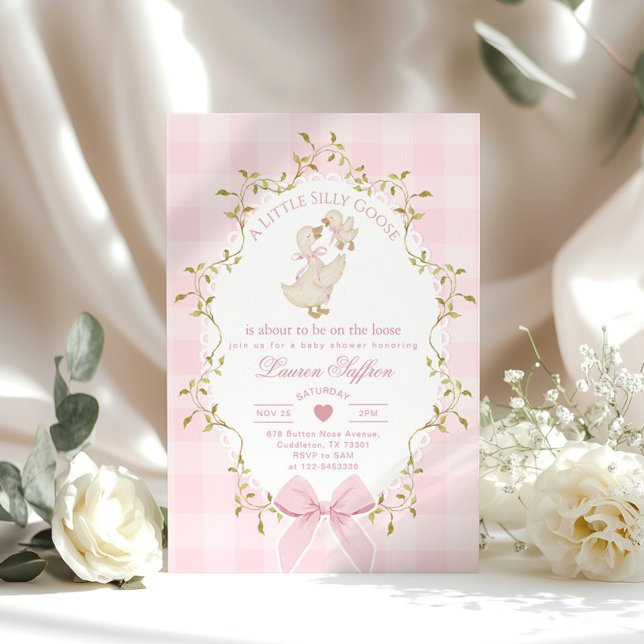 Silly Goose Whimsical Pink Bow Baby Shower Invitation (Creator Uploaded)