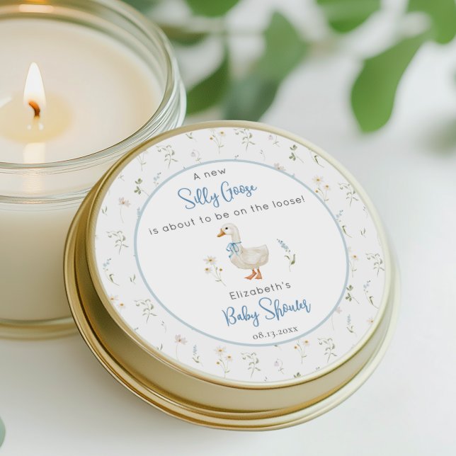 Silly Goose Wildflower Blue Bow Baby Shower Classic Round Sticker (Creator Uploaded)