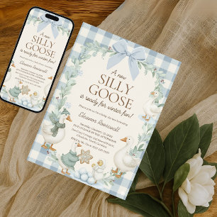 Silly Goose Winter Baby Shower Blue Gingham  Invitation