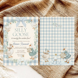 Silly Goose Winter Blue Plaid Baby Shower Invitation