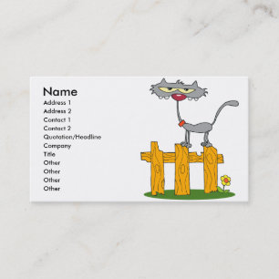 silly grey cat standing on a fence cartoon business card