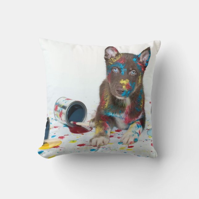 Silly Husky Puppy got into Paint Buckets Cushion (Front)