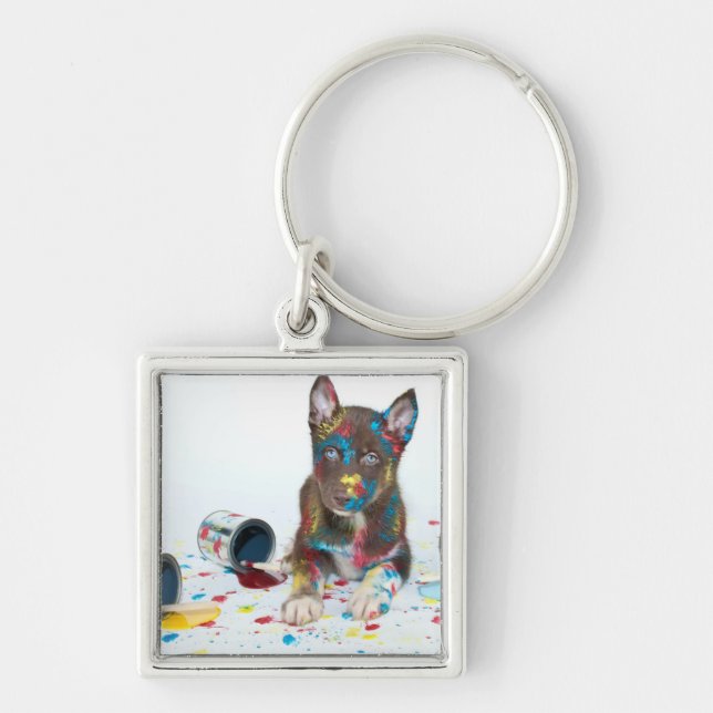 Silly Husky Puppy got into Paint Buckets Key Ring (Front)