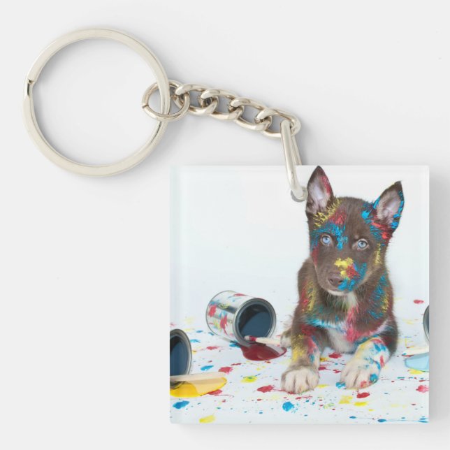 Silly Husky Puppy got into Paint Buckets Key Ring (Front)