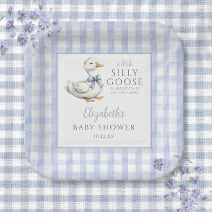 Silly Little Goose Blue Gingham Baby Shower Paper Plate