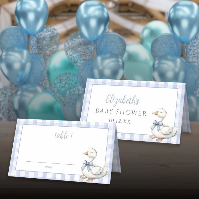 Silly Little Goose Blue Gingham Baby Shower Place Card (Silly Little Goose Blue Gingham Baby Shower Place Card)