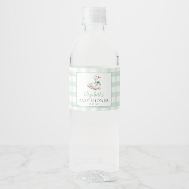 Silly Little Goose Gingham Baby Shower Water Bottle Label (Front)
