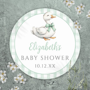 Silly Little Goose Green Gingham Baby Shower Classic Round Sticker