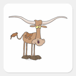 silly longhorn cow cartoon character square sticker