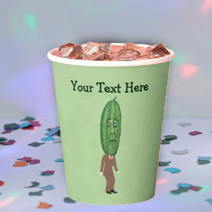 Silly Man Green Pickle Head Surprised Face in Suit Paper Cups