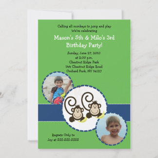 Silly Monkey GREEN Photo Birthday Invitation 5x7