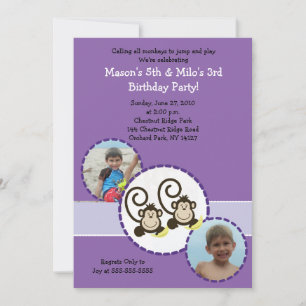 Silly Monkey PURPLE Photo Birthday Invitation 5x7