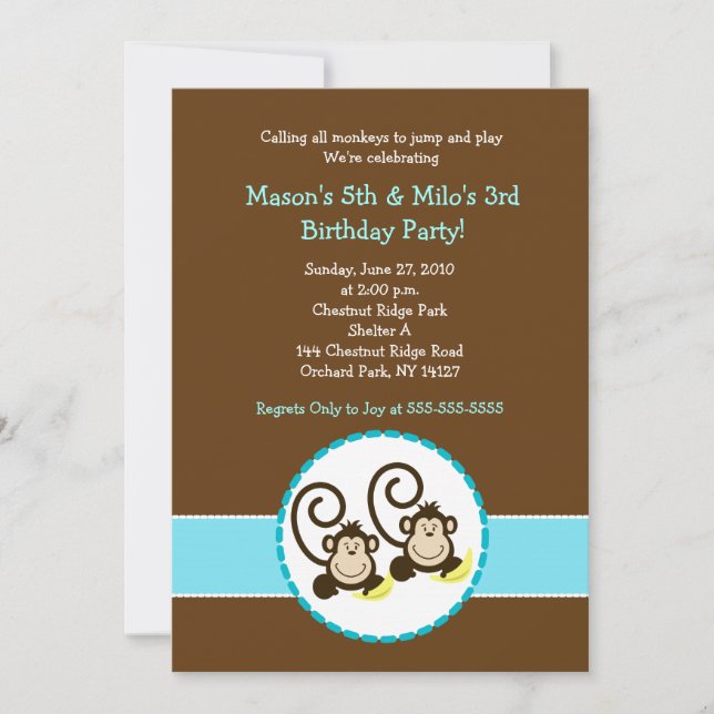 Silly Monkey Trendy 2 children Birthday invitation (Front)